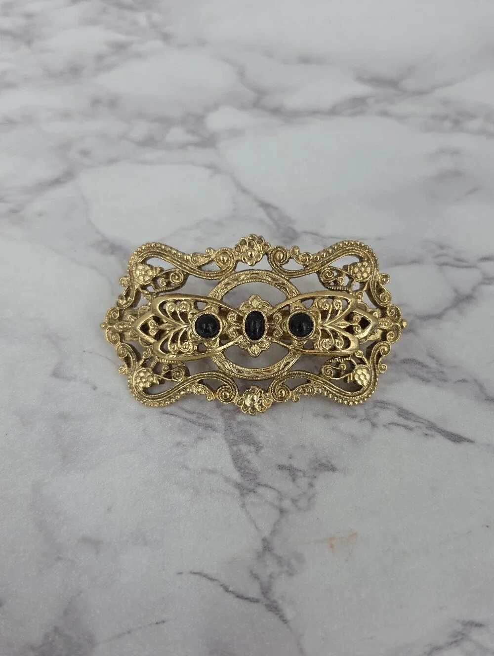 Vintage French Hair Barrettes Gold-Tone Vintage Floral Filigree Pearl Accent